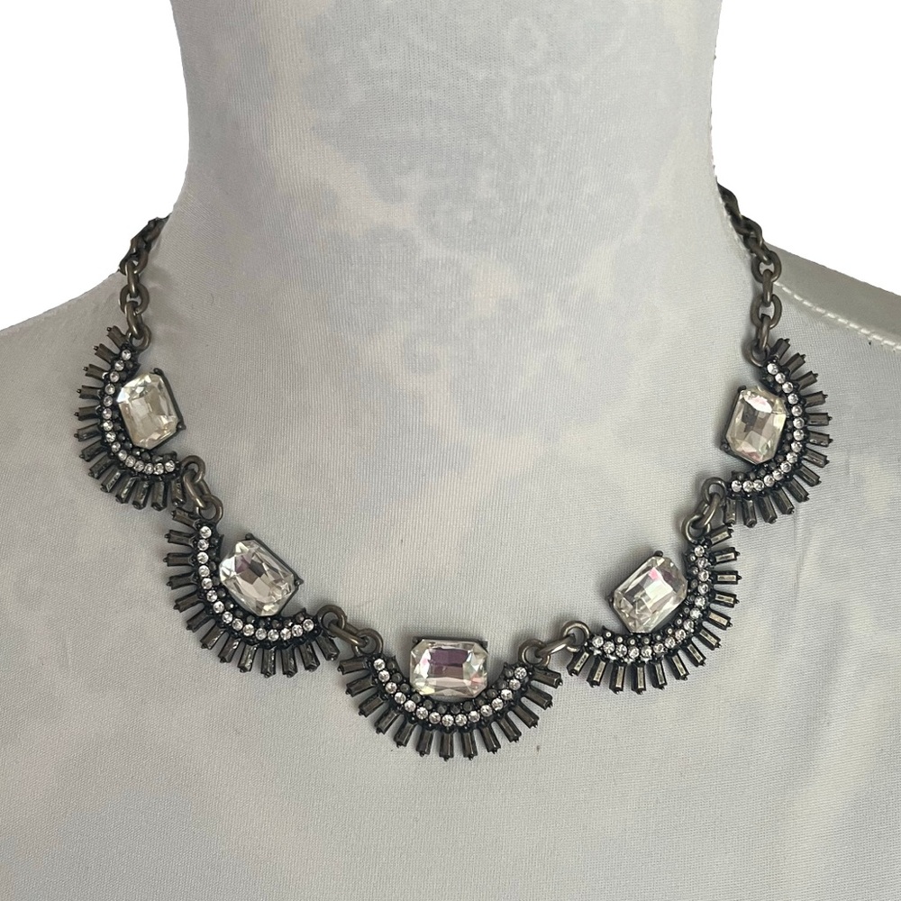 Statement Bib Necklace with Bronze-tone Chain and Clear Accents